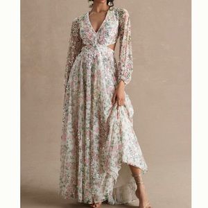 Mac Duggal Sequined Floral Silver Open Back Cut Out Lace Up Maxi Gown Dress 0 XS